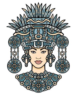 Pagan tanrıçası portresi animasyon sanat nedenleri üzerinde Kızılderili dayalı. Renkli dekoratif çizim. Beyaz bir arka plan üzerinde izole vektör çizim.