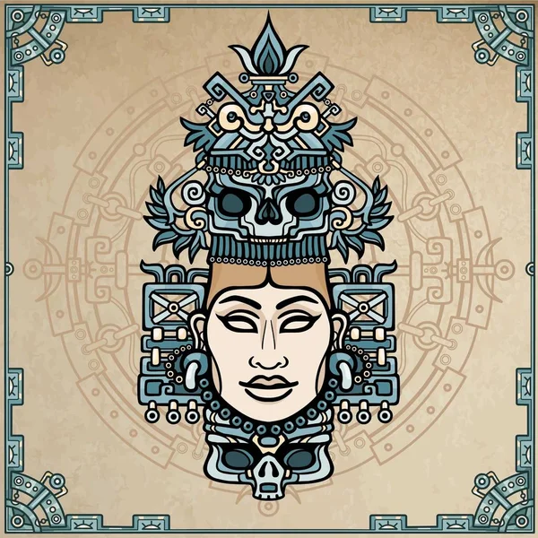 Animatie portret van de heidense godin gebaseerd op motieven van kunst Native American Indian. Kleur decoratieve tekening. Vectorillustratie. Achtergrond - imitatie van oud papier, een magische cirkel. — Stockvector