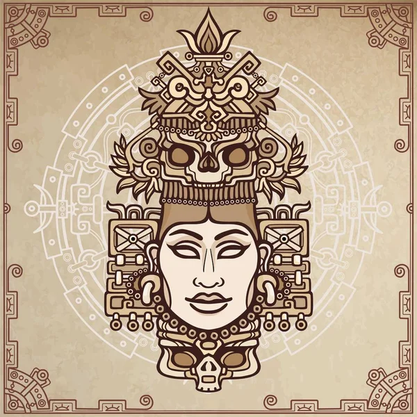 Animation portrait of the pagan goddess  based on motives of art Native American Indian.  Color decorative drawing. Vector illustration. Background - imitation of old paper, a magic circle. — Stock Vector