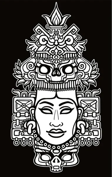Portret animacji pogańskiej bogini oparte na motywach sztuki Native American Indian. Ilustracja wektora biały na czarnym tle. — Wektor stockowy