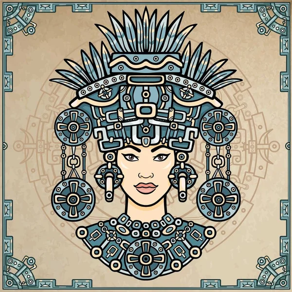 Animatie portret van de heidense godin gebaseerd op motieven van kunst Native American Indian. Kleur decoratieve tekening. Vectorillustratie. Achtergrond - een decoratief frame, een magische cirkel. — Stockvector