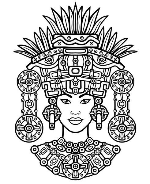 Portrait animé de la déesse païenne basé sur des motifs d'art amérindien. Dessin décoratif monochrome. Illustration vectorielle isolée sur fond blanc . — Image vectorielle