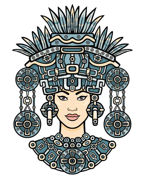 Portrait animé de la déesse païenne basé sur des motifs d'art amérindien. Dessin décoratif couleur. Illustration vectorielle isolée sur fond blanc . — Image vectorielle