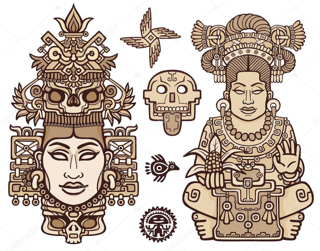Set of graphic elements based on motives of art Native American Indian.  Woman, mother, goddess, queen, esoteric symbol. Color drawing isolated on a white background. Vector illustration.