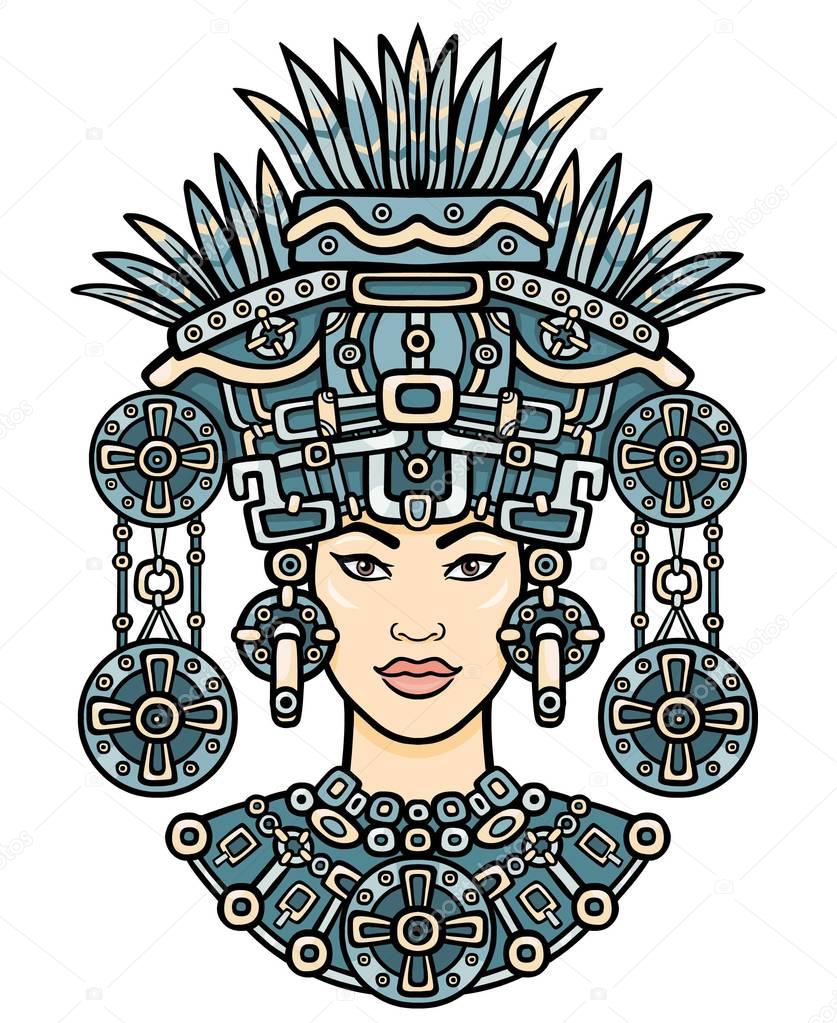 Animation portrait of the pagan goddess  based on motives of art Native American Indian.   Color decorative drawing. Vector illustration isolated on a white background.