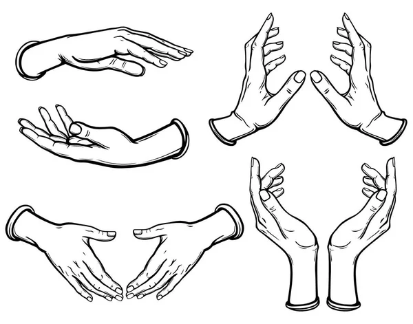 Conjunto de imágenes de manos humanas en diferentes poses. Gesto de apoyo, protección, cuidado. Contorno negro sin relleno. Ilustración vectorial aislada sobre fondo blanco . — Vector de stock