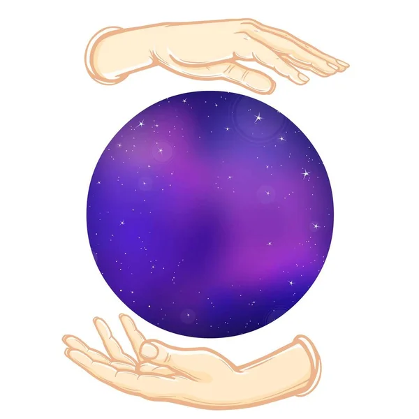 Le mani umane tengono la sfera che simboleggia lo spazio. Illustrazione vettoriale isolata su sfondo bianco . — Vettoriale Stock