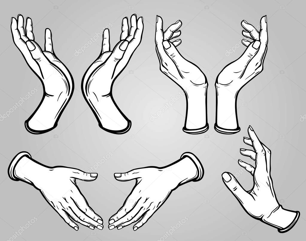 Set of images of human hands in different poses. Gesture of support, protection, care.  Black contour, white filling. Vector illustration isolated on a gray background.