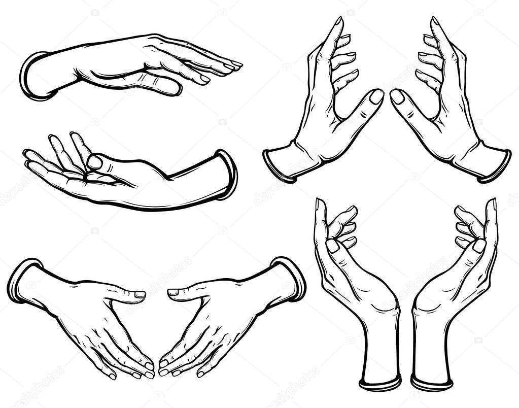 Set of images of human hands in different poses. Gesture of support, protection, care.  Black contour without filling. Vector illustration isolated on a white background.
