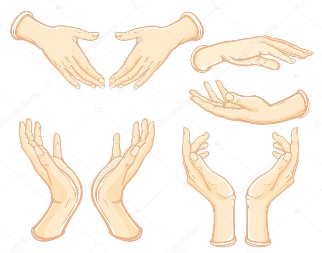Set of images of human hands in different poses. Gesture of support, protection, care.  Vector color illustration isolated on a white background.
