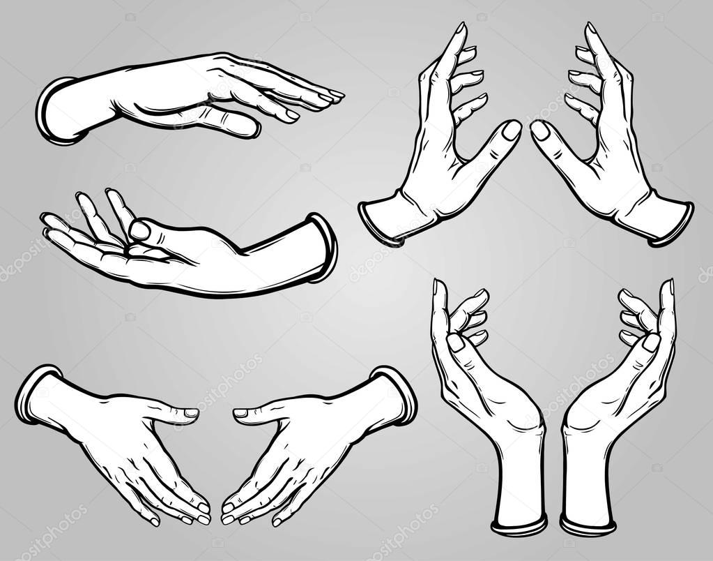 Set of images of human hands in different poses. Gesture of support, protection, care.  Black contour, white filling. Vector illustration isolated on a gray background.