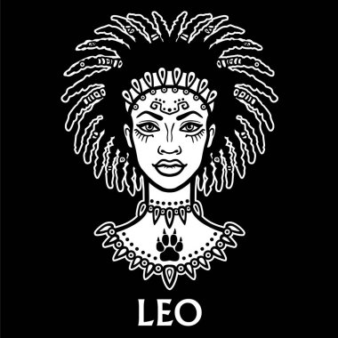 Burç Leo. Fantastik Prenses, animasyon portre. Vektör tek renkli illüstrasyon izole bir siyah arka plan üzerine.