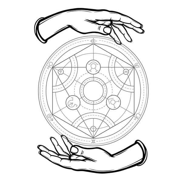 As mãos humanas seguram o círculo Alquímico. Ilustração vetorial isolada sobre fundo branco . —  Vetores de Stock