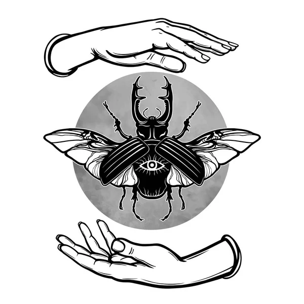 Human hands hold a horned bug. Circle of the moon. Esoteric symbol. Vector illustration isolated on a white background. — Stock Vector