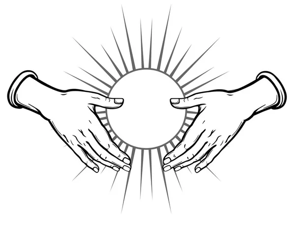 Tangan manusia memegang simbol matahari yang bersinar. Tempat untuk teks. Ilustrasi vektor diisolasi pada latar belakang putih . - Stok Vektor