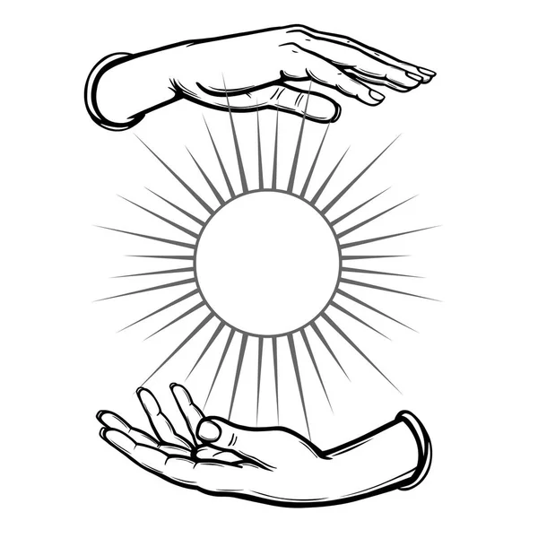 İnsan eli parlayan güneşin sembolü tutun. Metin için yer. Beyaz bir arka plan üzerinde izole vektör çizim.