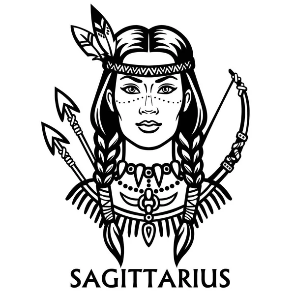 Segno zodiacale Sagittario. Fantastica principessa, ritratto di animazione. Illustrazione vettoriale monocromatica isolata su sfondo bianco . — Vettoriale Stock