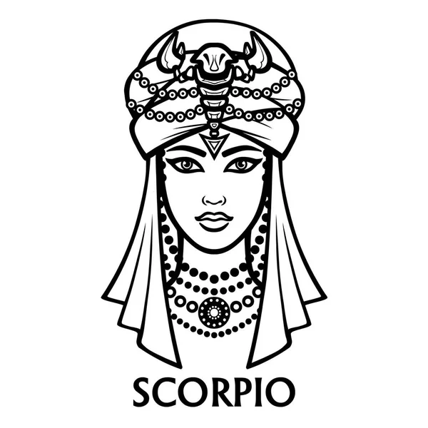 Signe du zodiaque Scorpion. Fantastique princesse, portrait d'animation. Illustration vectorielle monochrome isolée sur fond blanc . — Image vectorielle