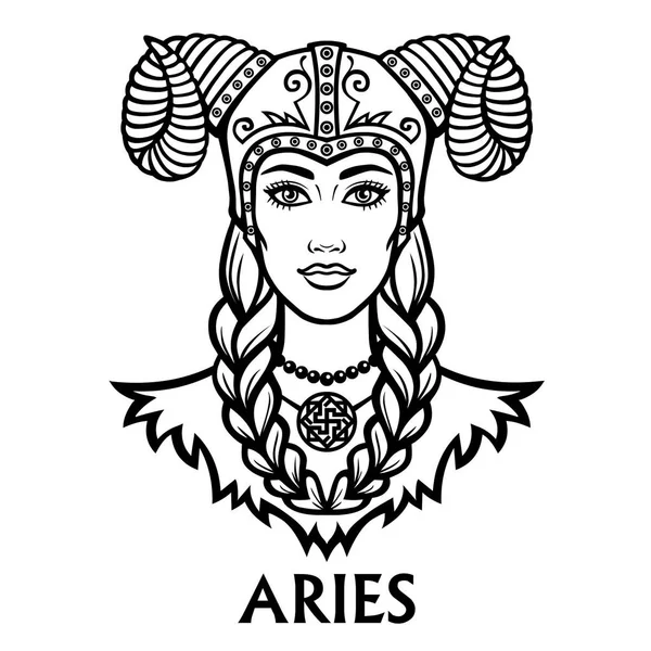 Signo del zodíaco Aries. Fantástica princesa, retrato de animación. Ilustración vectorial monocromática aislada sobre fondo blanco . — Archivo Imágenes Vectoriales