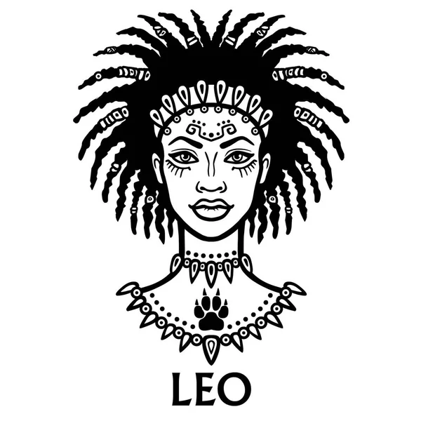 Signo do zodíaco Leo. Princesa fantástica, retrato de animação. Ilustração monocromática vetorial isolada sobre fundo branco . —  Vetores de Stock