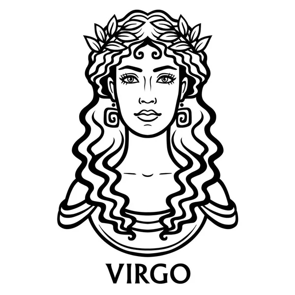 Segno zodiacale Vergine. Fantastica principessa, ritratto di animazione. Illustrazione vettoriale monocromatica isolata su sfondo bianco . — Vettoriale Stock