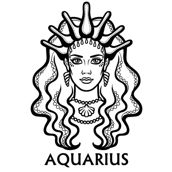 Signo del zodíaco Acuario. Fantástica princesa, retrato de animación. Ilustración vectorial monocromática aislada sobre fondo blanco . — Vector de stock