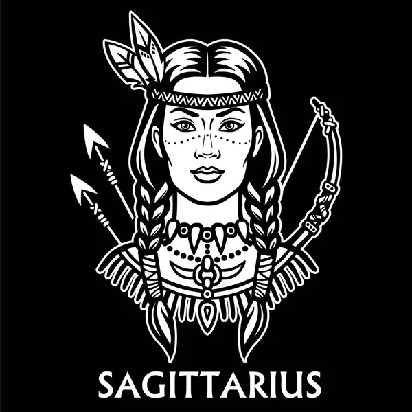 Segno zodiacale Sagittario. Fantastica principessa, ritratto di animazione. Illustrazione vettoriale monocromatica isolata su sfondo nero . — Vettoriale Stock