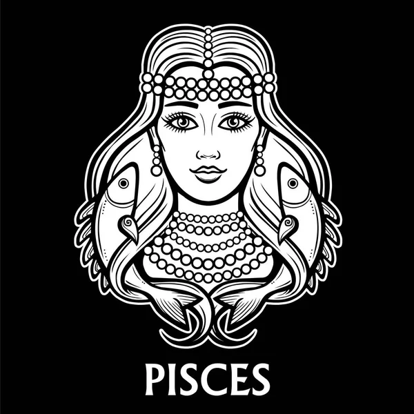 Signo del zodíaco Piscis. Fantástica princesa, retrato de animación. Ilustración vectorial monocromática aislada sobre fondo negro . — Archivo Imágenes Vectoriales