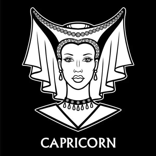 Signe du zodiaque Capricorne. Fantastique princesse, portrait d'animation. Illustration vectorielle monochrome isolée sur fond noir . — Image vectorielle