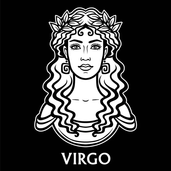 Segno zodiacale Vergine. Fantastica principessa, ritratto di animazione. Illustrazione vettoriale monocromatica isolata su sfondo nero . — Vettoriale Stock