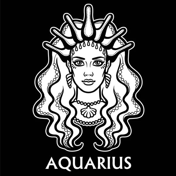 Signo del zodíaco Acuario. Fantástica princesa, retrato de animación. Ilustración vectorial monocromática aislada sobre fondo negro . — Archivo Imágenes Vectoriales