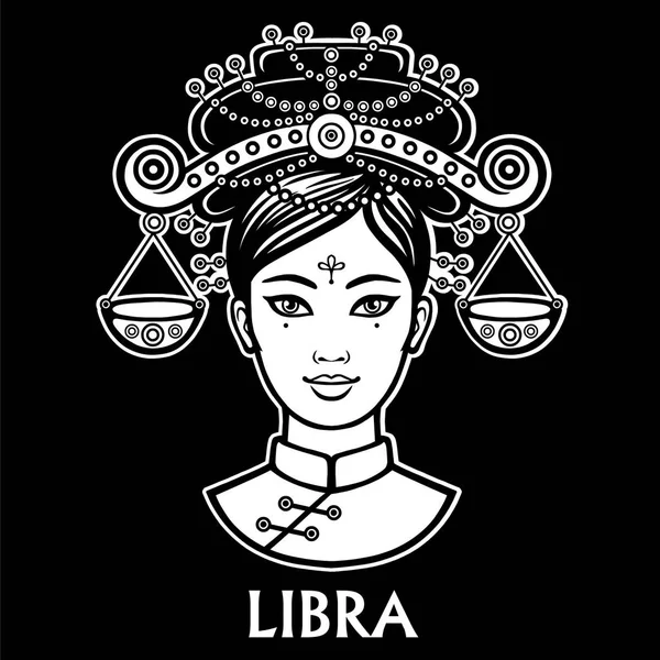 Signo del zodíaco Libra. Fantástica princesa, retrato de animación. Ilustración vectorial monocromática aislada sobre fondo negro . — Vector de stock