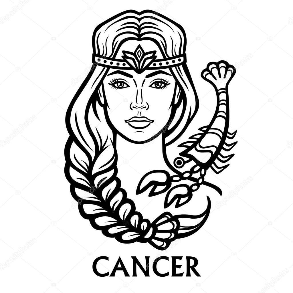 Zodiac sign Cancer. Fantastic princess, animation portrait. Vector monochrome illustration isolated on a white background.