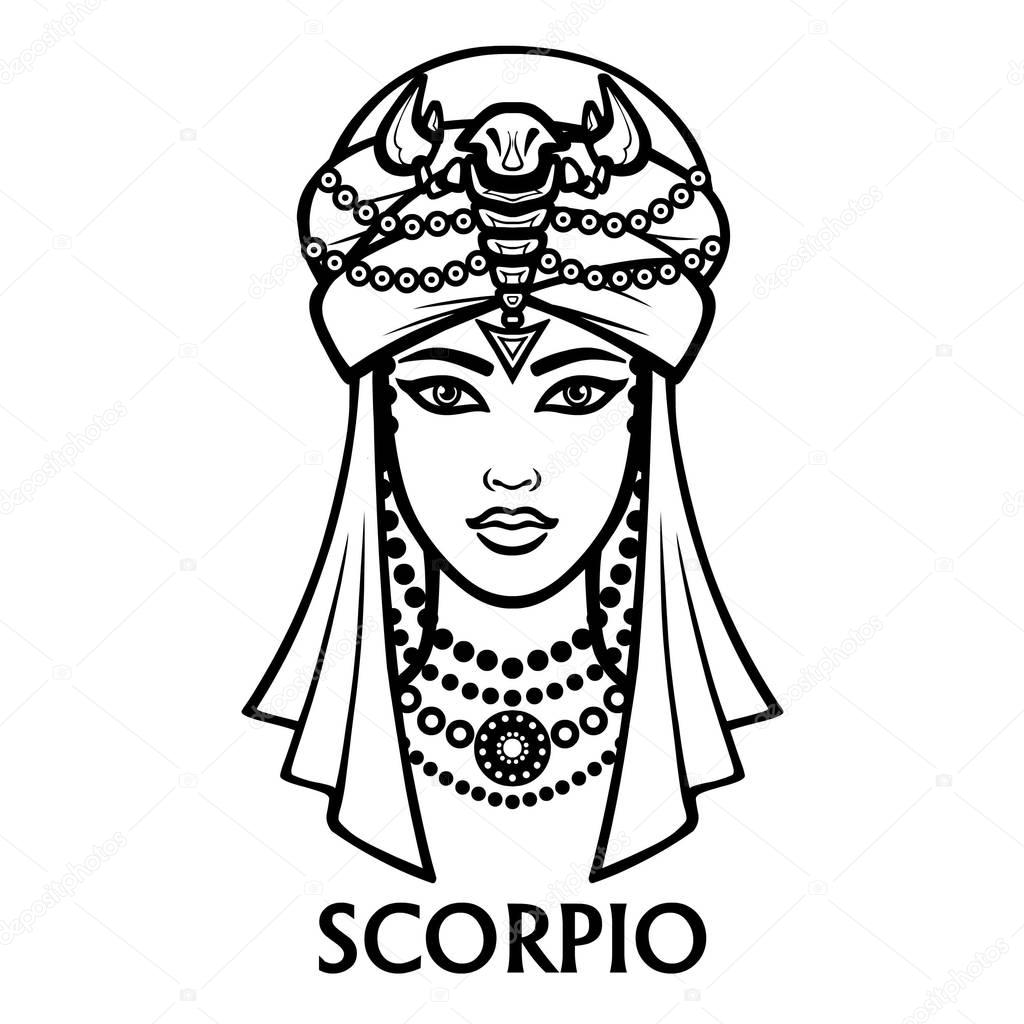 Zodiac sign Scorpio. Fantastic princess, animation portrait. Vector monochrome illustration isolated on a white background.