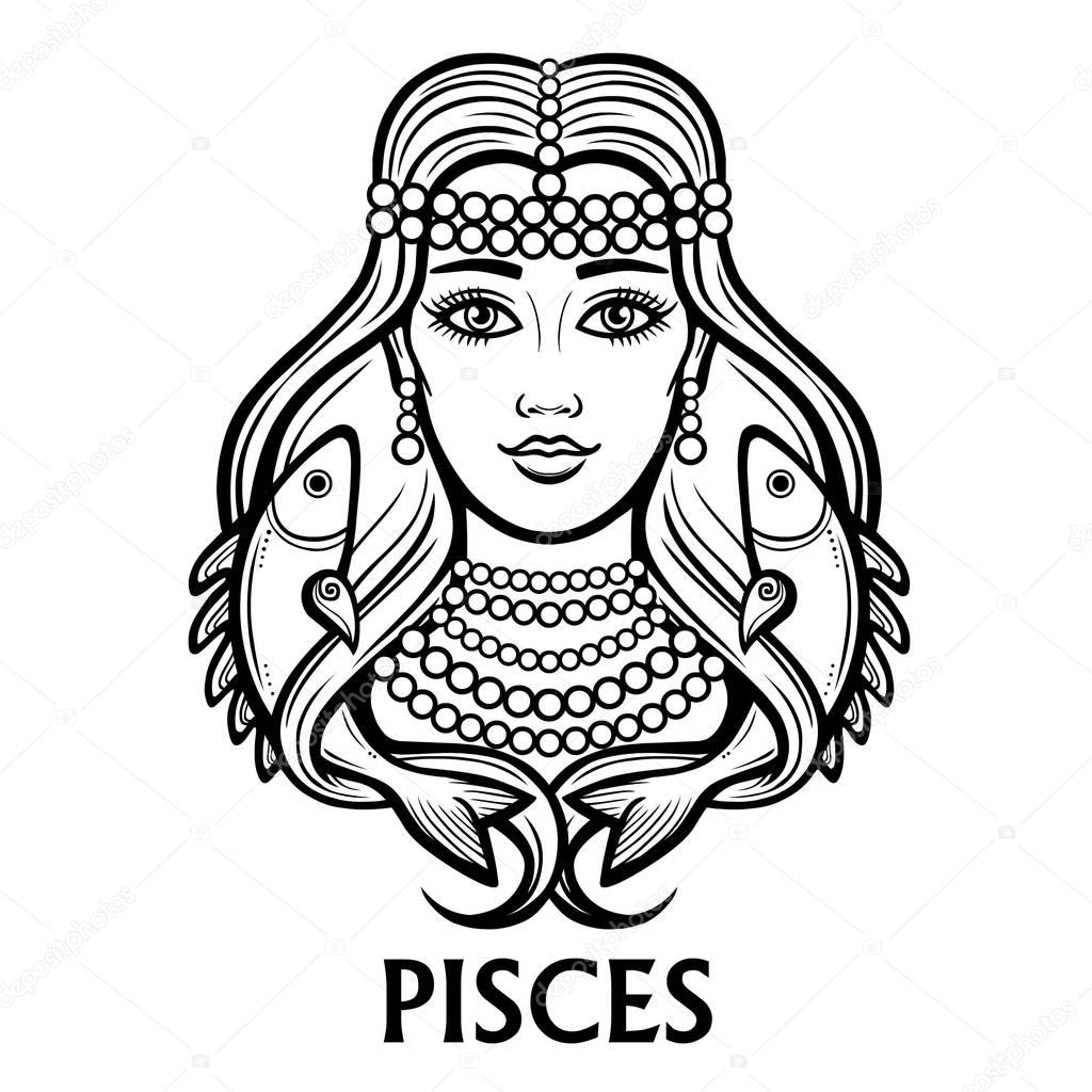 Zodiac sign Pisces. Fantastic princess, animation portrait. Vector monochrome illustration isolated on a white background.