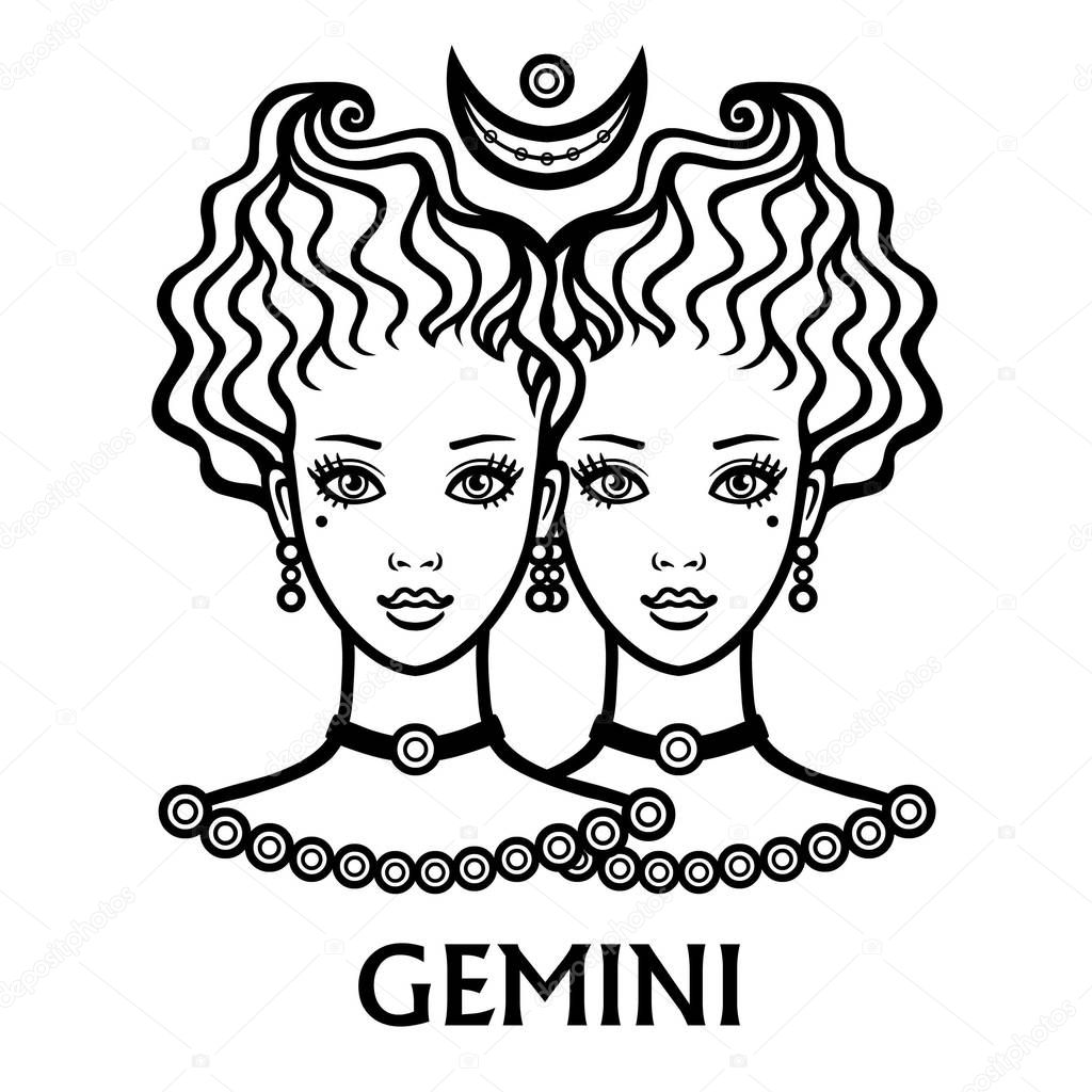Zodiac sign  Gemini. Fantastic princess, animation portrait. Vector monochrome illustration isolated on a white background.