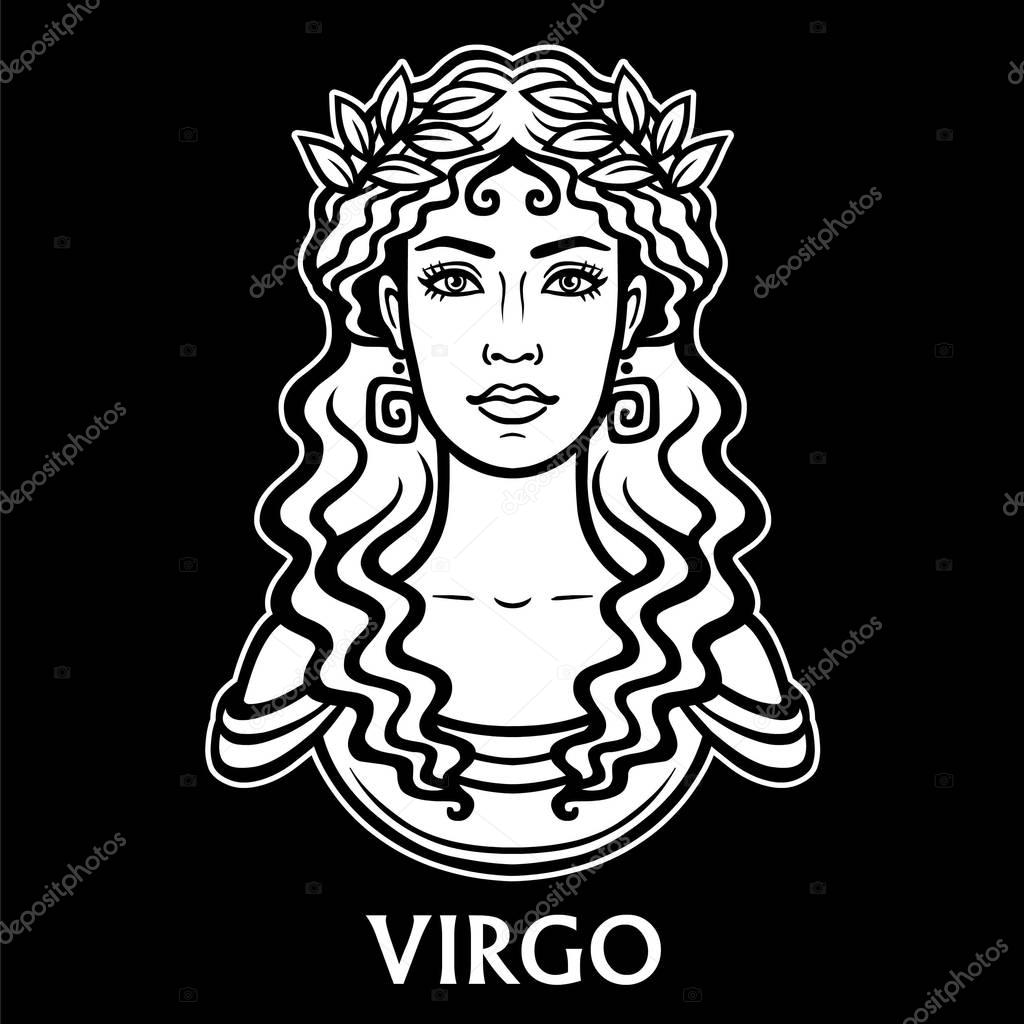 Zodiac sign Virgo. Fantastic princess, animation portrait. Vector monochrome illustration isolated on a black background.