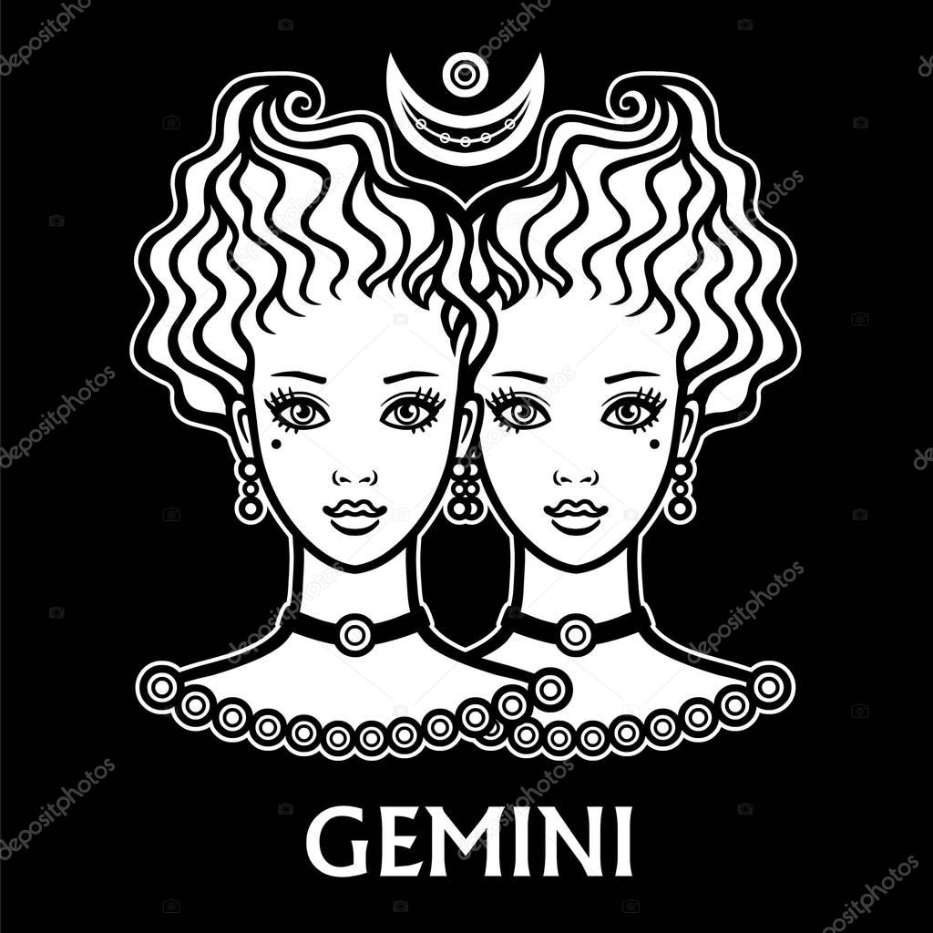 Zodiac sign Gemini. Fantastic princess, animation portrait. Vector monochrome illustration isolated on a black background.