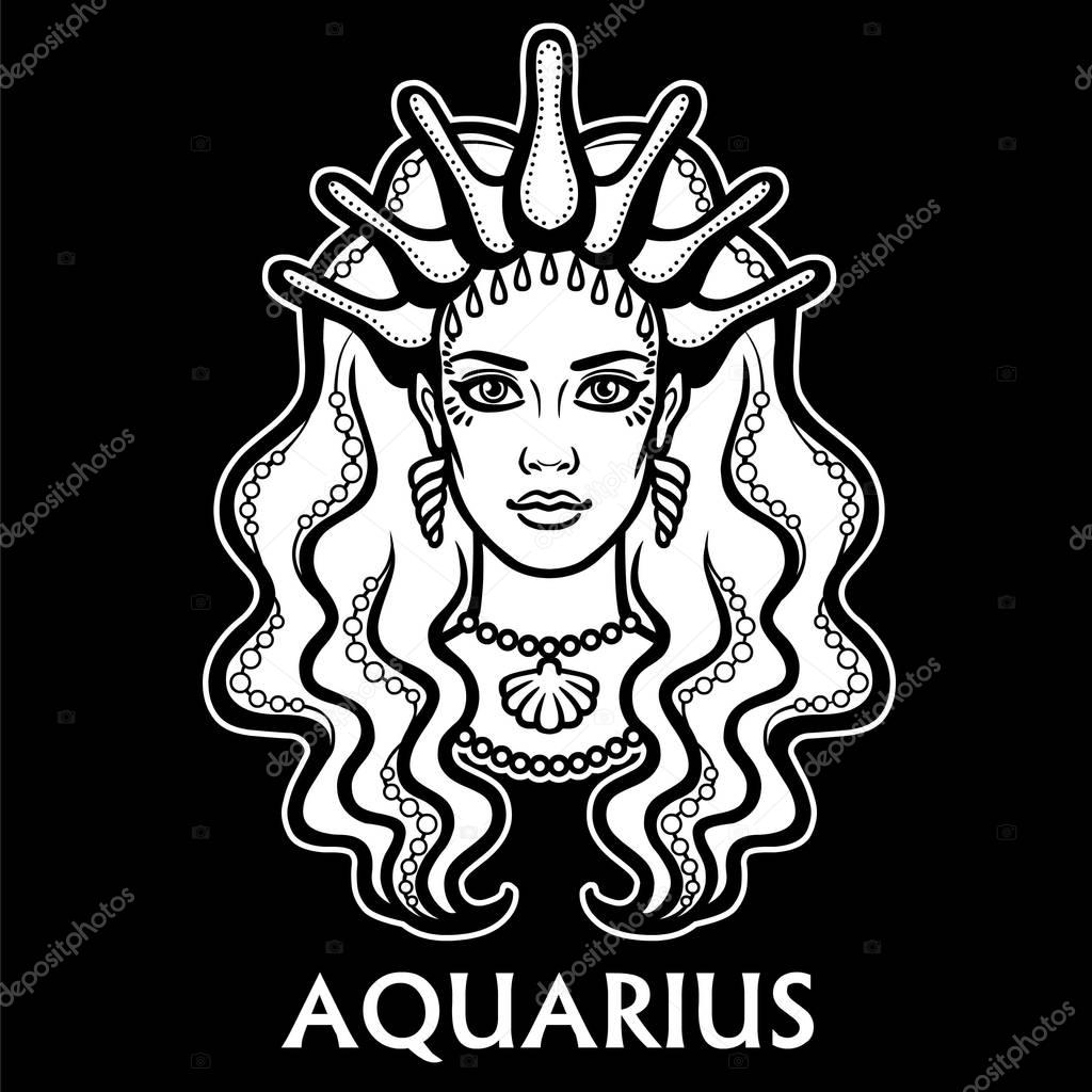 Zodiac sign Aquarius. Fantastic princess, animation portrait. Vector monochrome illustration isolated on a black background.