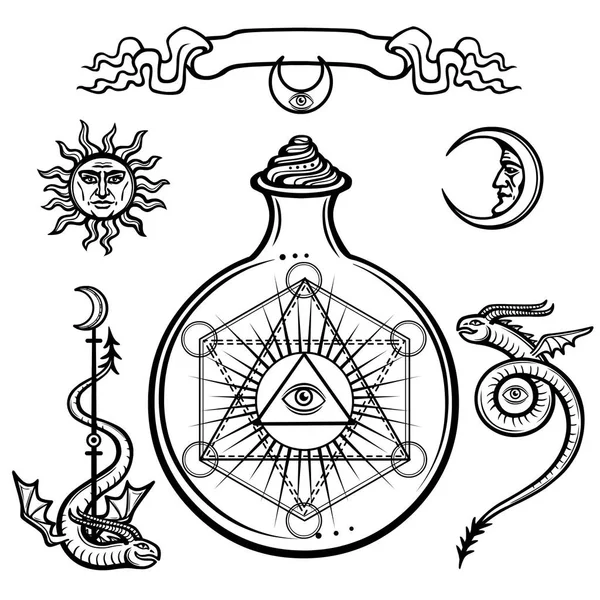 Ensemble de symboles alchimiques. Un œil providence dans une fiole, réaction chimique. Géométrie sacrée. Origine de la vie. Des serpents mystiques. Illustration vectorielle isolée sur fond blanc . — Image vectorielle