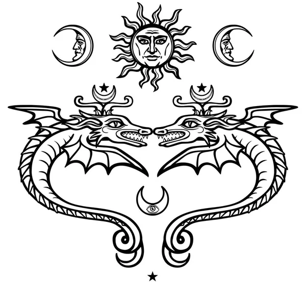Zwei mystische geflügelte Schlangen. alchemistische Symbole. Religion, Mystik, Okkultismus, Zauberei. Vektor-Illustration isoliert auf weißem Hintergrund. — Stockvektor