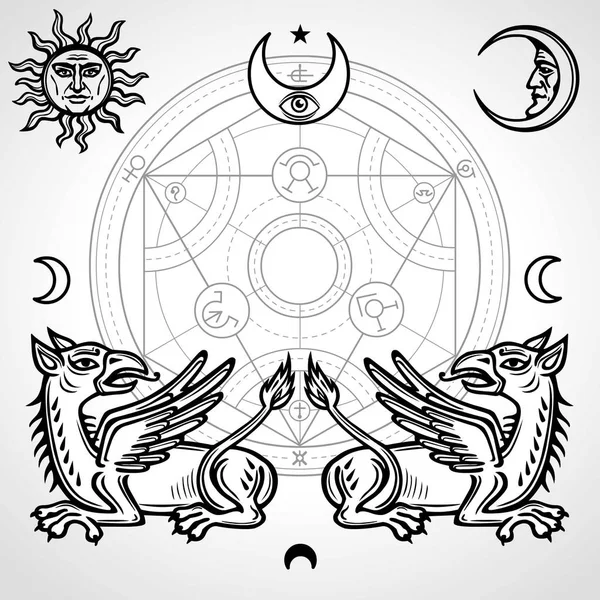 Набір алхімічних символів: два міфічних руків'я, алхімічне коло, емблеми сонця і Місяця, провидіння очей. Векторний лінійний малюнок ізольовано на сірому фоні . — стоковий вектор