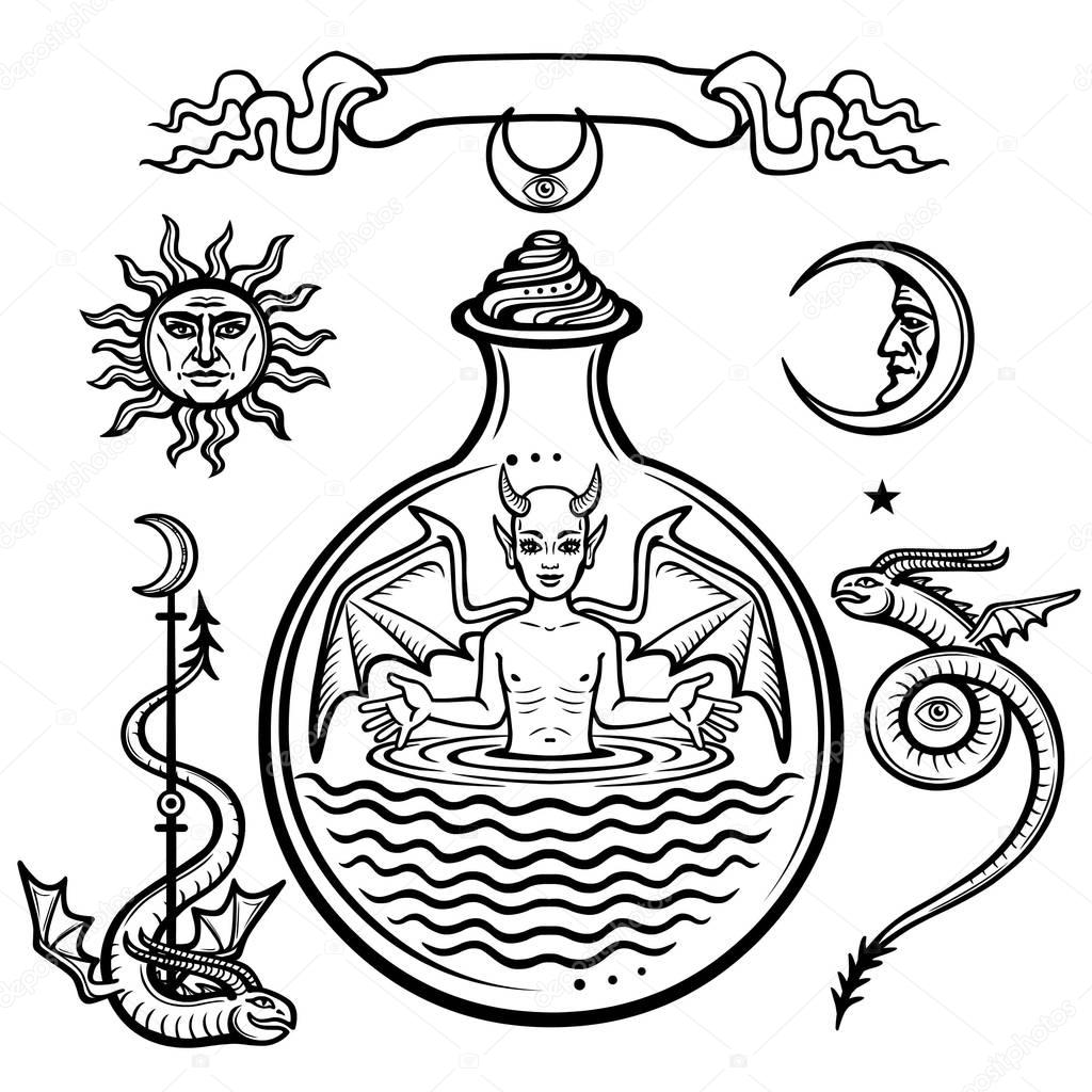 Set of alchemical symbols. Child in a test tube, the homunculus, chemical reaction. Devil. Origin of life. Mystical snakes. Vector illustration isolated on a white background.