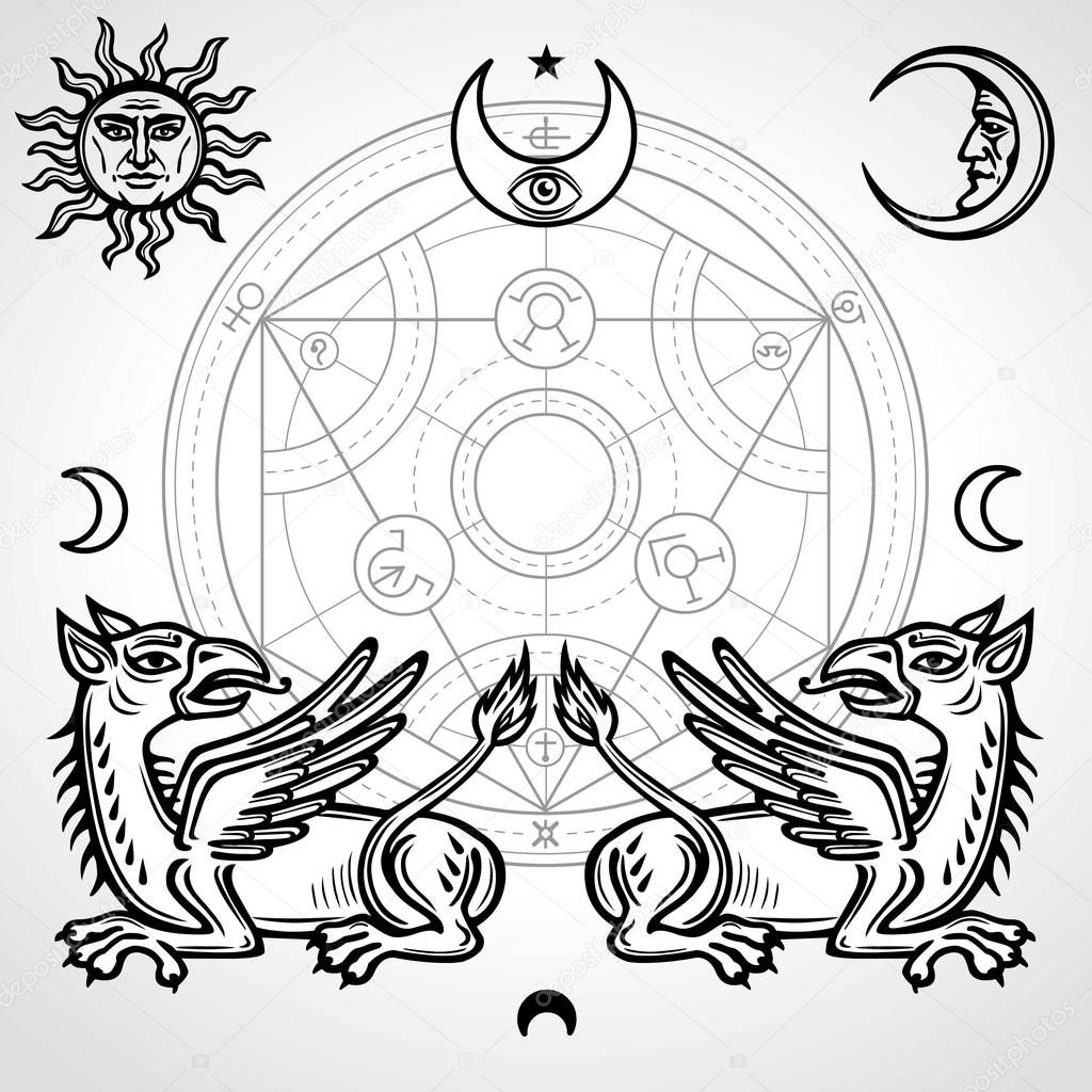 Set of alchemical symbols: two mythical griffins, alchemical circle, emblems of the sun and moon, providence eye. Vector linear drawing isolated on a gray background.