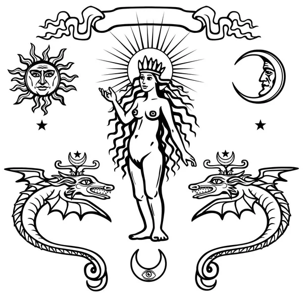 Alkímiai szimbólumok gyűjteménye. Fiatal nő, élet eredetét. Misztikus kígyók. Vektoros illusztráció elszigetelt fehér background. — Stock Vector
