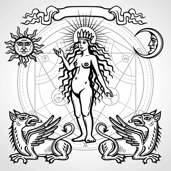 錬金術のシンボルのセットです。若い女性が、生命起源。神秘的な動物グリフィン。背景 - 錬金術円。灰色の背景に分離したベクトル図. — ストックベクタ