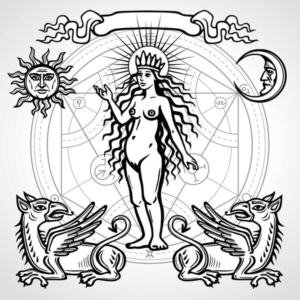 Set of alchemical symbols. Young woman, life origin. Mystical animals griffins. Background - an alchemical circle. Vector illustration isolated on a grey background.  