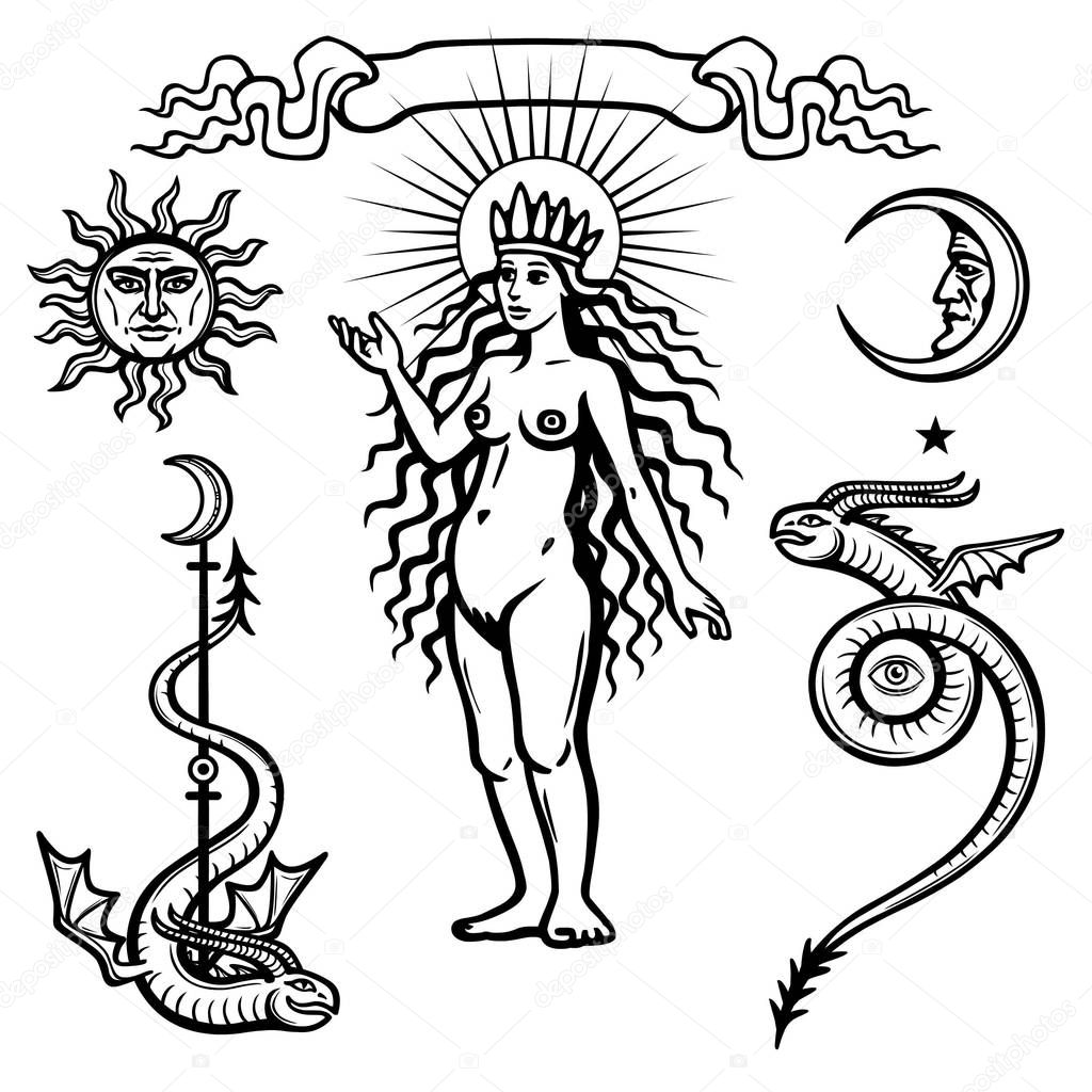 Set of alchemical symbols. Young woman, life origin. Mystical snakes. Vector illustration isolated on a white background.