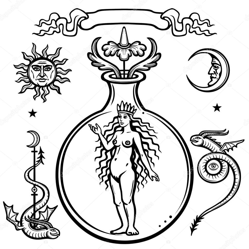 Set of alchemical symbols. Woman in a test tube,  the homunculus, chemical reaction. Life origin. Mystical snakes. Vector illustration isolated on a white background.
