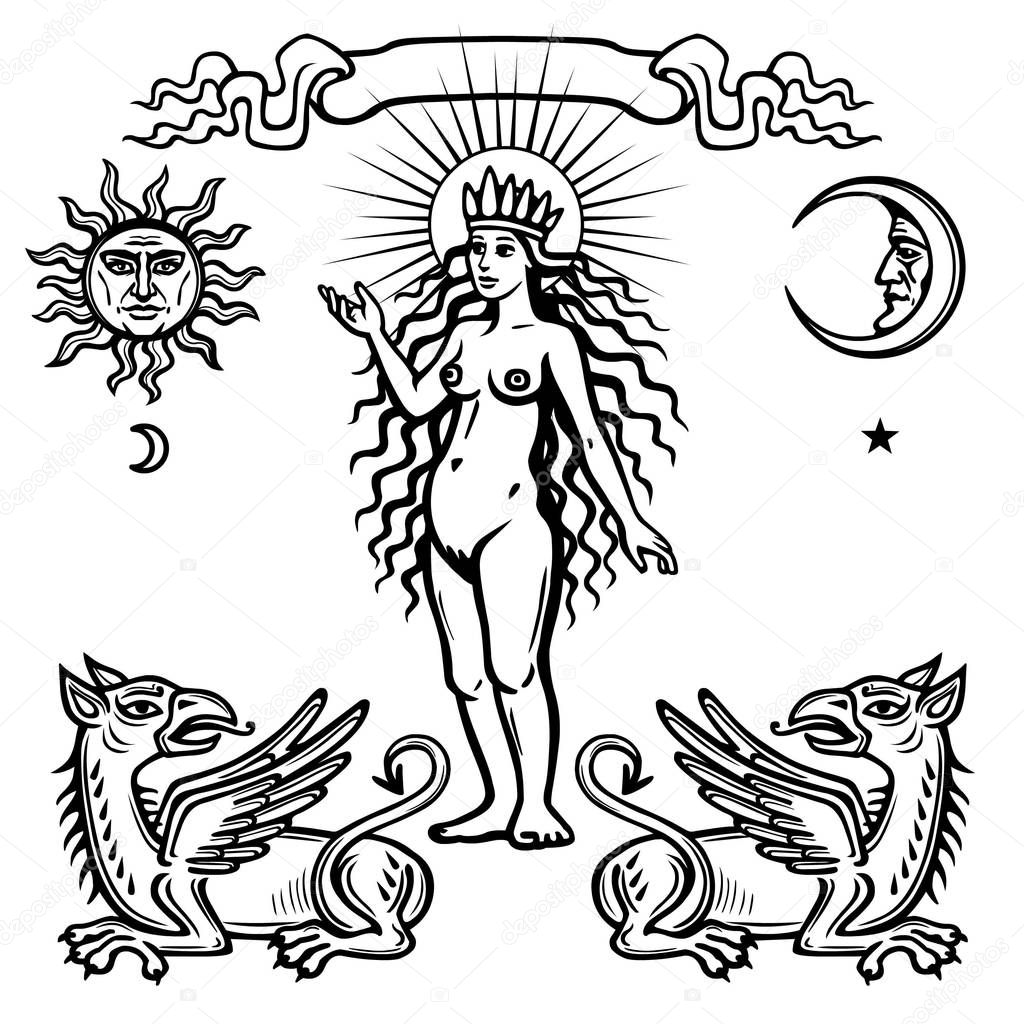 Set of alchemical symbols. Young woman, life origin. Mystical animals griffins. Vector illustration isolated on a white background.